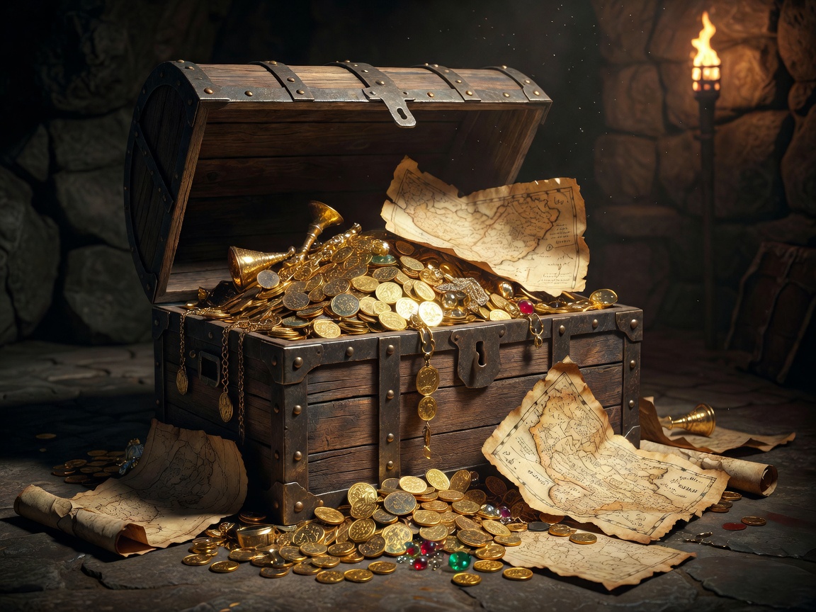 Treasure chest overflowing with gold and ancient maps