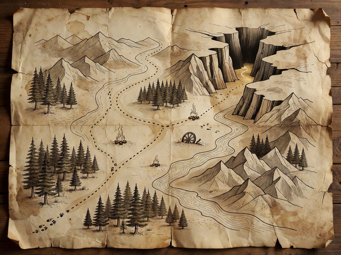 Ancient map leading toward a hidden canyon treasure