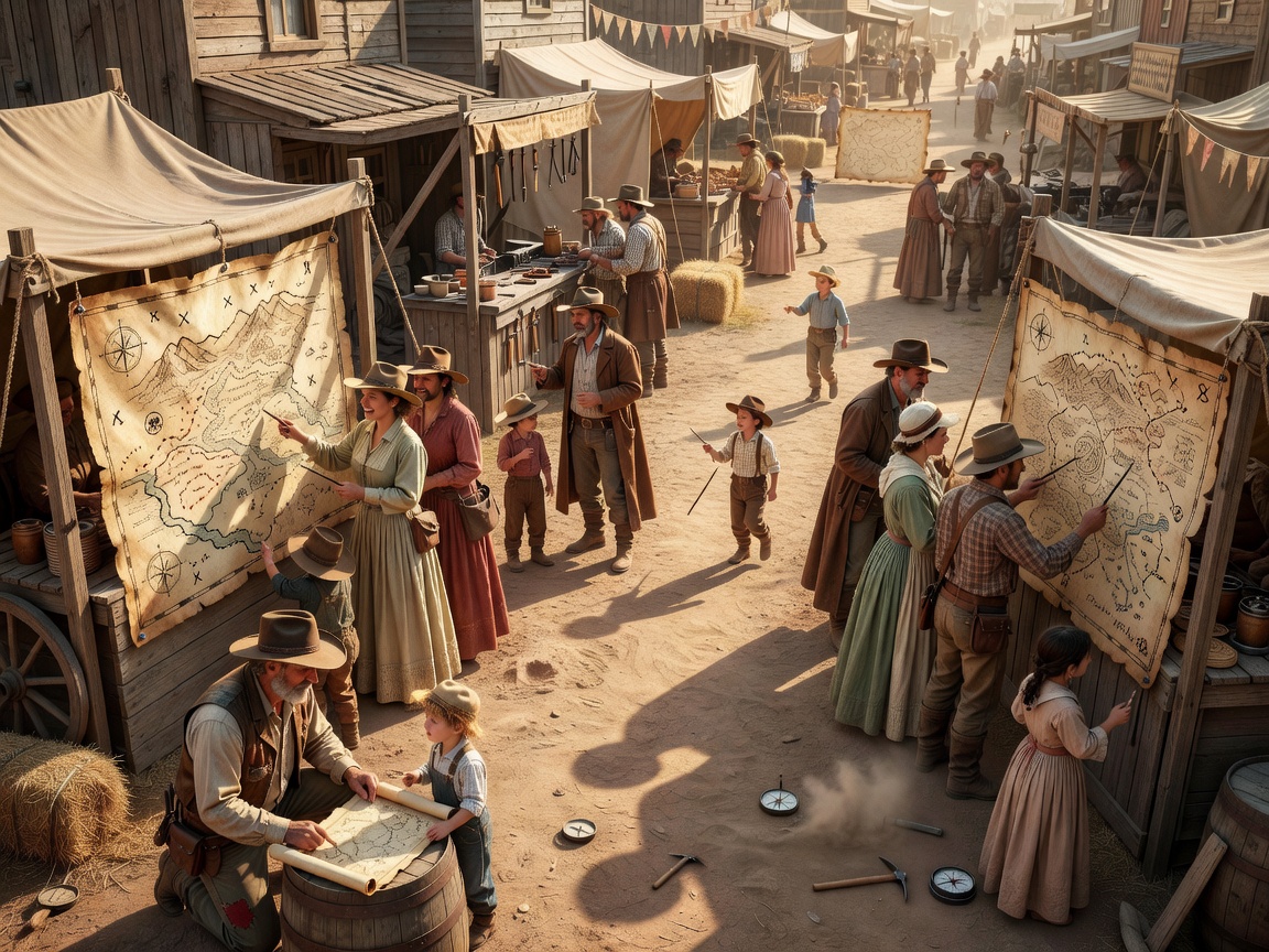 Frontier town festival with treasure maps and adventure themes