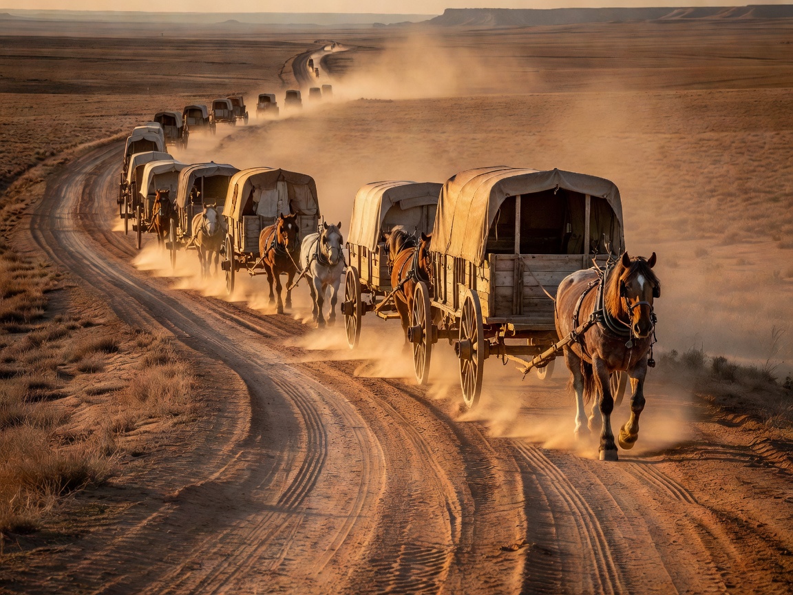 Dusty frontier trail and old wooden wagons