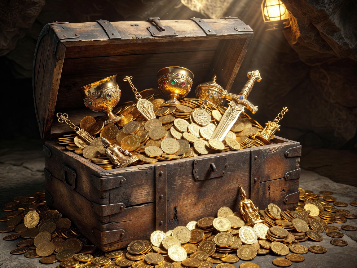Wooden chest filled with golden coins and artifacts