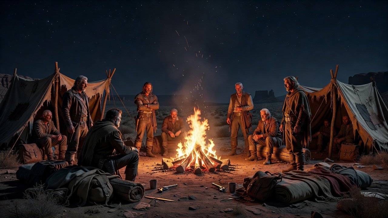 Old bandit camp with a fire in the frontier night