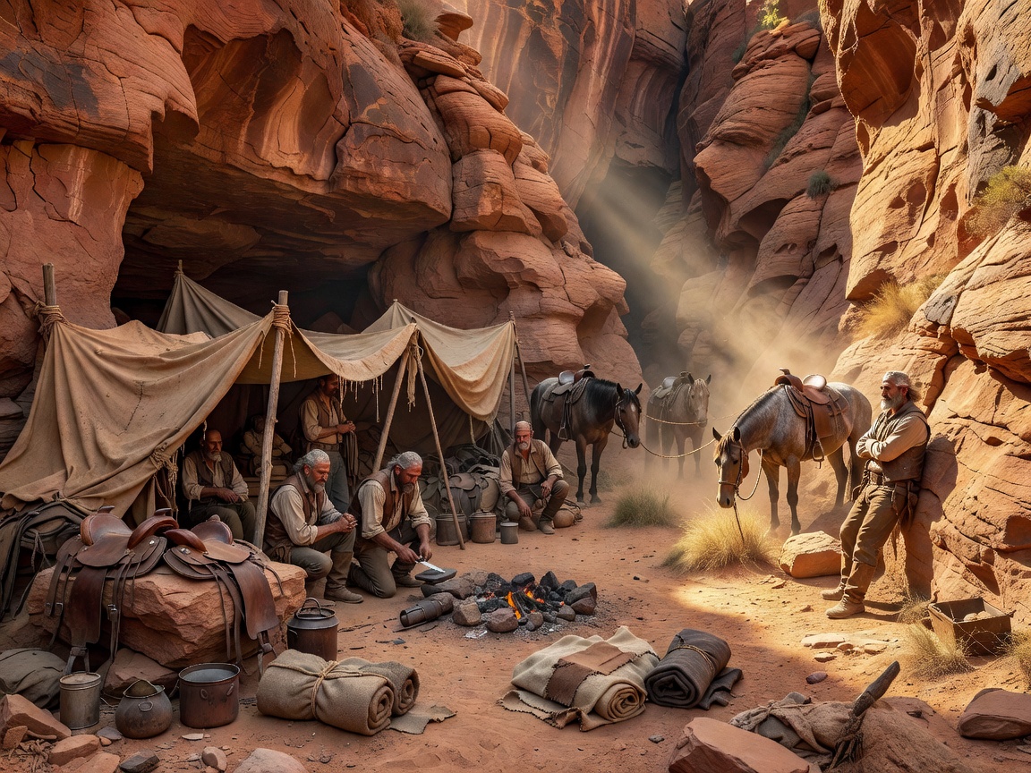 Secret outlaw camp hidden in a dusty canyon