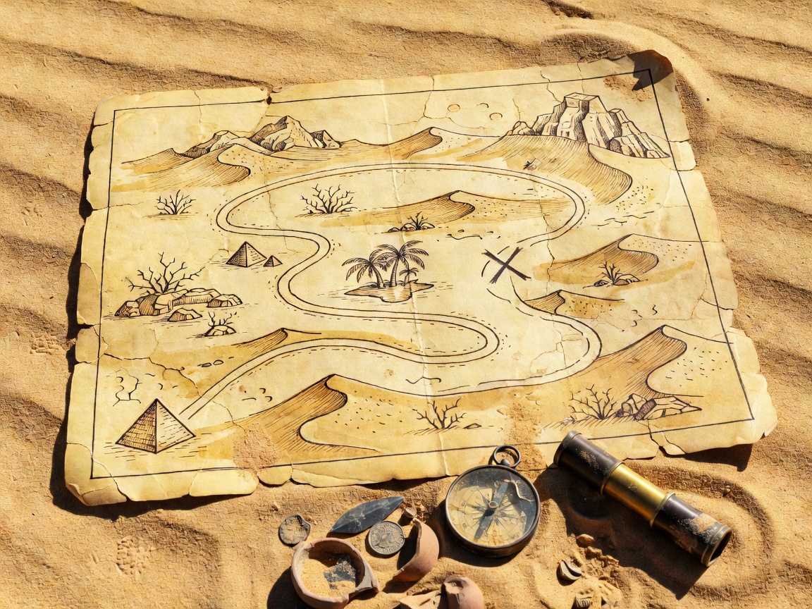 Ancient treasure map leading to desert discoveries